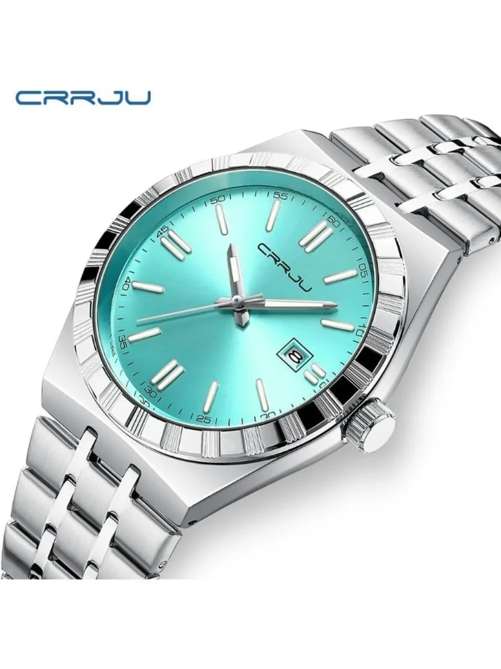 Crrju Men's Mint Blue Luxury Luminous Analog Quartz Calendar Round Silver Watch